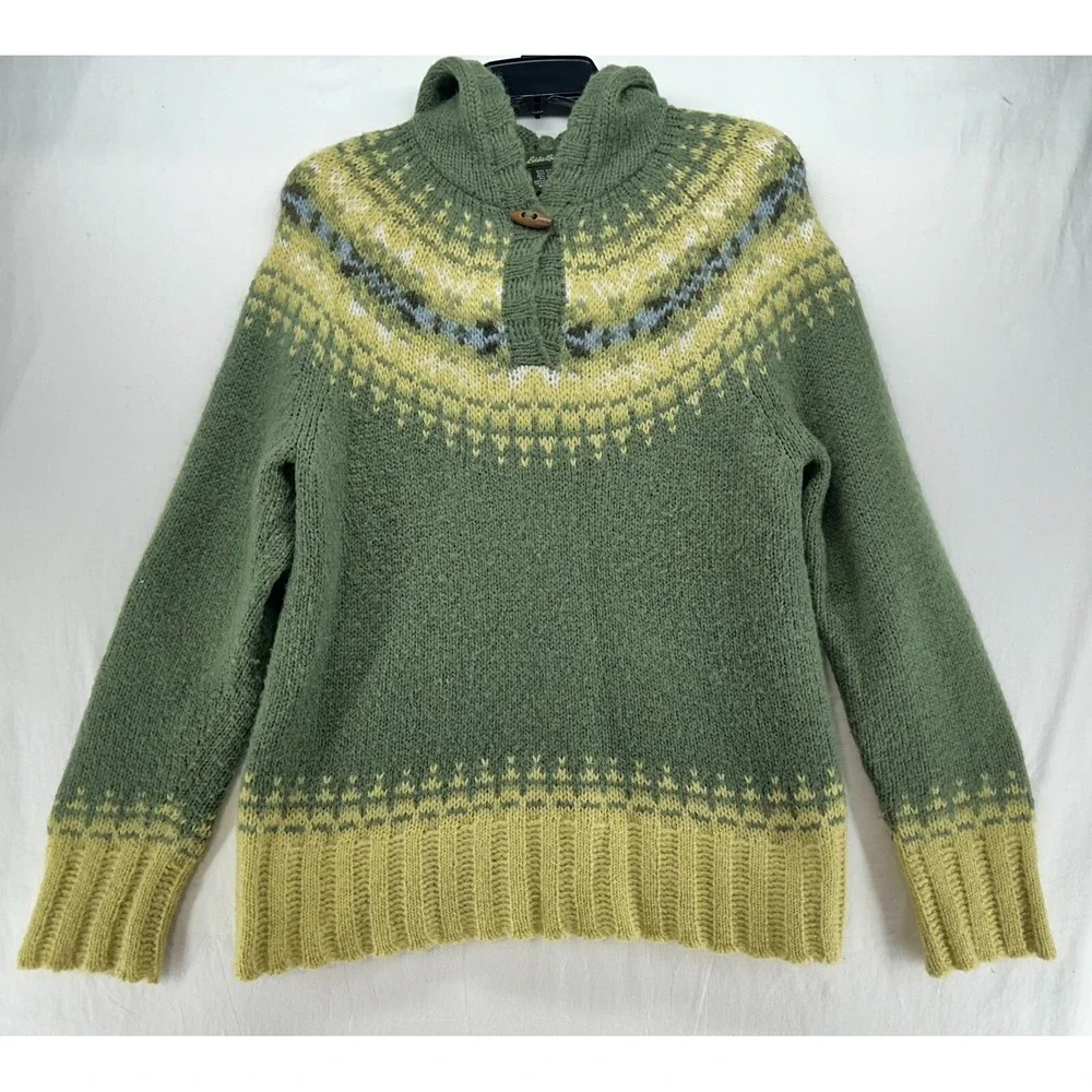 Eddie Bauer Womens Green Fair Isle Mohair Wool Blend Hooded Sweater M